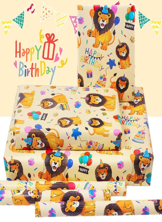 AirCool Lion Wrapping Paper for Boy Kids, Lion Safari Jungle Party Baby Lion King With Birthday Hat and Balloon Wrapping Paper 6 Sheets Foled Flat 20x28 Inches per Sheet, Lion Gift Wrap For Birthday Party - Image 3